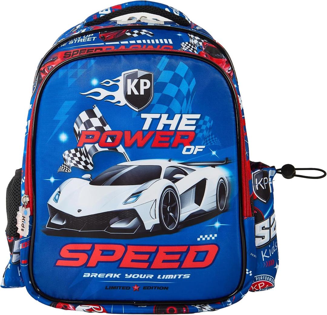 KidsPUNK Boys Backpack Cute Cool Race Car Backpack for Boys Kids Kawaii Backpack for Preschool Elementary Kindergarten,Blue Color.Large Capacity.16 Inch