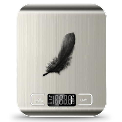 Food Scale, 11lb Kitchen Scale with 6 Units Tare Function & LCD Display, 0.05oz/1g Stainless Steel Digital Food Scale Grams and Ounces for Baking, Cooking, Dieting and Meal Prep (Batteries Included)