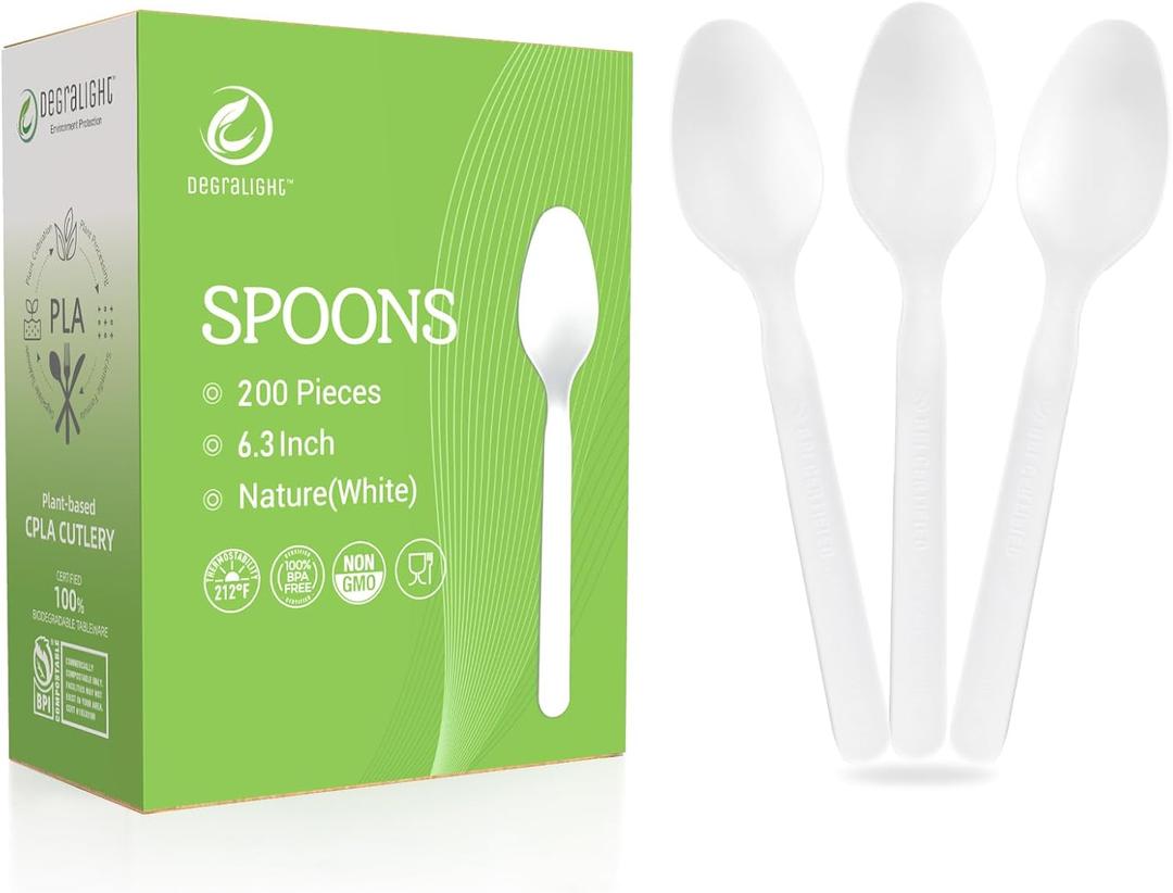 Compostable Spoons [200 Pcs] CPLA Spoons Disposable BPI Certified BPA-Free, Heat Resistant, Durable Disposable Utensils Alternative to Plastic Silverware for Daily, Party & Camping