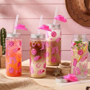 LemonRoad 12 Pcs Western Cowgirl Cowboy Plastic Tumbler with Lids and Cowboy Hat Straws 14.2 oz Pink Beer Iced Coffee Cups Reusable Can Cups for Women Disco Party Favors Gifts