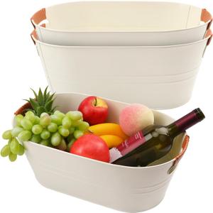3 PCS 15.3 x 9 x 6 inches White Metal Galvanized Tub with Rattan Handles, 3 Gallon Beverage Tubs for Parties, Large Ice Bucket for Beer, Wine, Cocktails & Outdoor Events