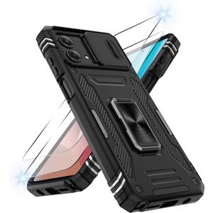 for Motorola Moto-G-Stylus-5G-2023 Case with [2Pcs] HD Screen Protector, [Military Grade Shockproof] & Slide Camera Cover, 360 Rotated Ring Kickstand Protective Cover, Black