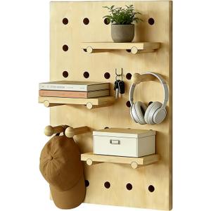 HJZALMI Pegboard Wall Organizer, Wood Pegboard Combination Kit with Shelves & Hooks, Modular Peg Board Panels Storage System for Office Organization Kitchen Bedroom, 15.7"x23.6"x0.6", Beige
