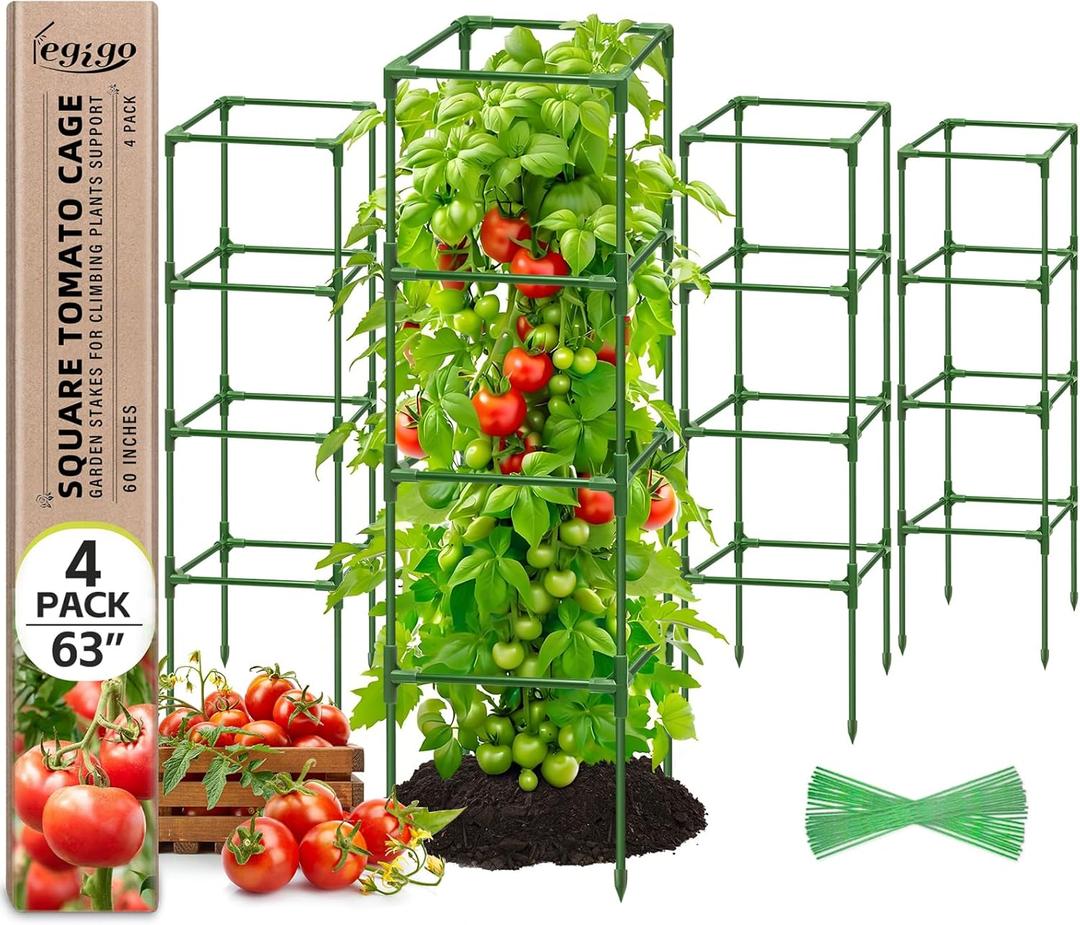 Legigo 4 Pack Square Tomato Cages for Garden- Up to 60 Inch Tomato Plant Support Stakes Cage, Heavy Duty Steel Tomato Trellis Garden Stakes for Raised Garden Bed Climbing Vegetables Cucumbers Flowers
