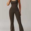OQQ Women Jumpsuits Sleeveless Square Neck Stretch Contrast Workout Active Flared Bottoms Tank Jumpsuit Darkbrown