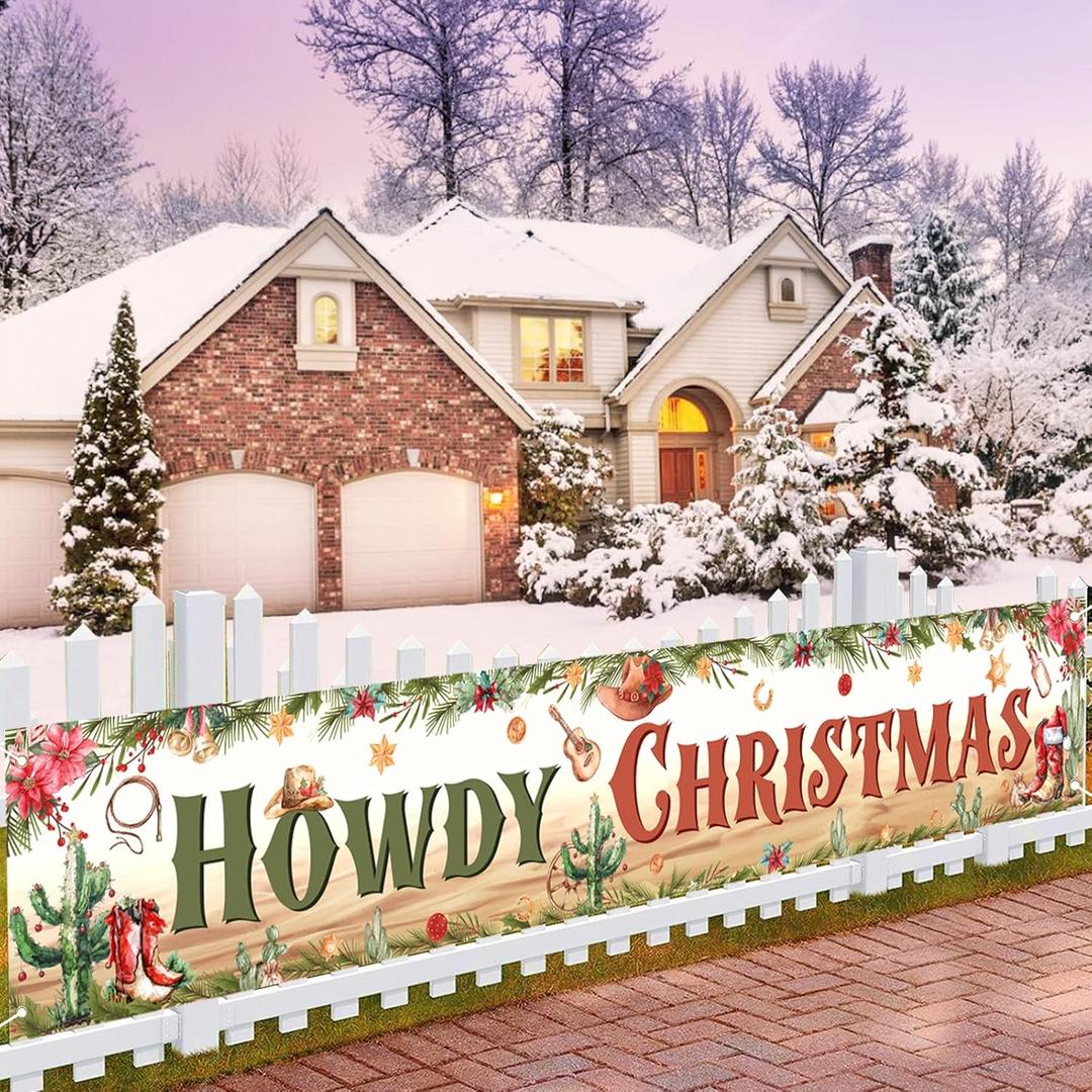 Western Christmas Decorations Yard Banner, Howdy Christmas Decorations Hanging Door Banner Patio Hanging Cowboy Banner for Holidays Party Decor