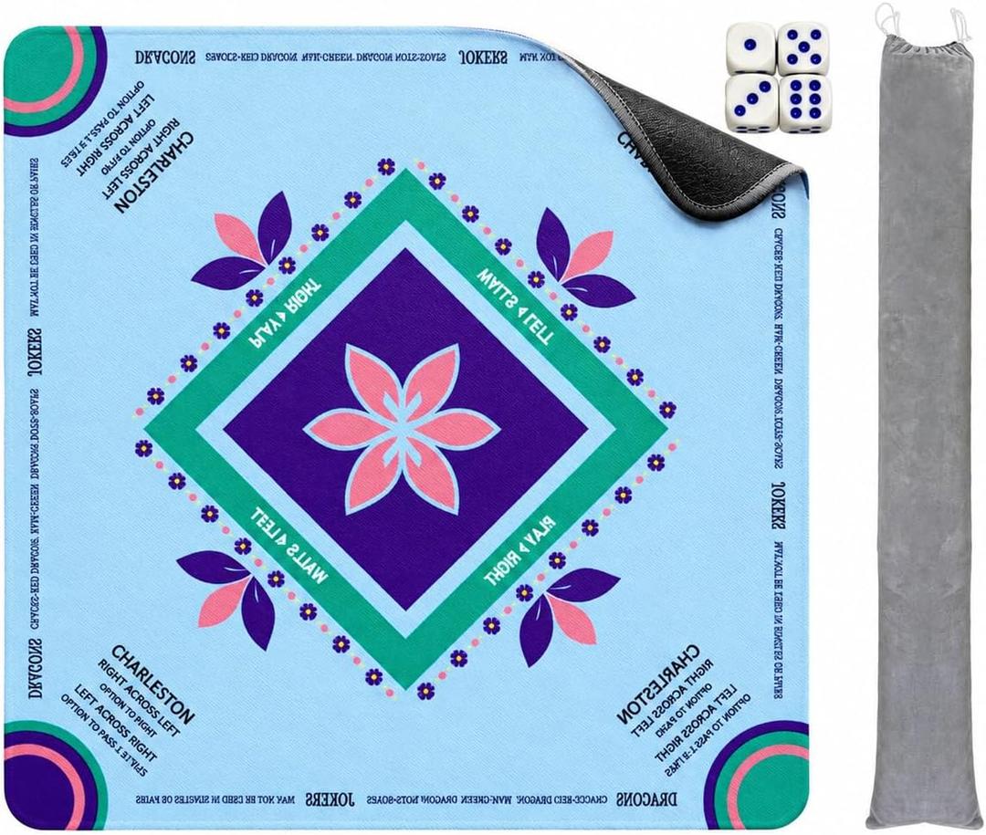 Mahjong Mat with Rules, 32.4x32.4 Inch Thick Odorless Rubber Mahjong Table Cover, Washable Waterproof Anti Slip Mat with Bag for Mahjong/Poker/Board Games/Card Games/Dominoes (Lotus Floral)