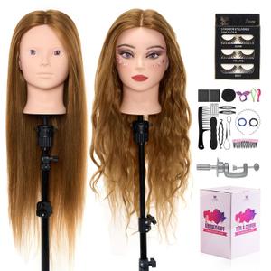 Mannequin Head with 80% Real Human Hair, 28 Make up Cosmetology Manikin Practice Head with Hair,Braiding Hairdressing Doll Head with Table Clamp + DIY Hair Styling Set Suitable for Hair Extensions (light brown)