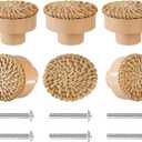 6 Pack Boho Dresser Knobs and Screws Diameter 1.6in Made of a Combination Durable Beech Wood and Hand Woven Rattan Pieces