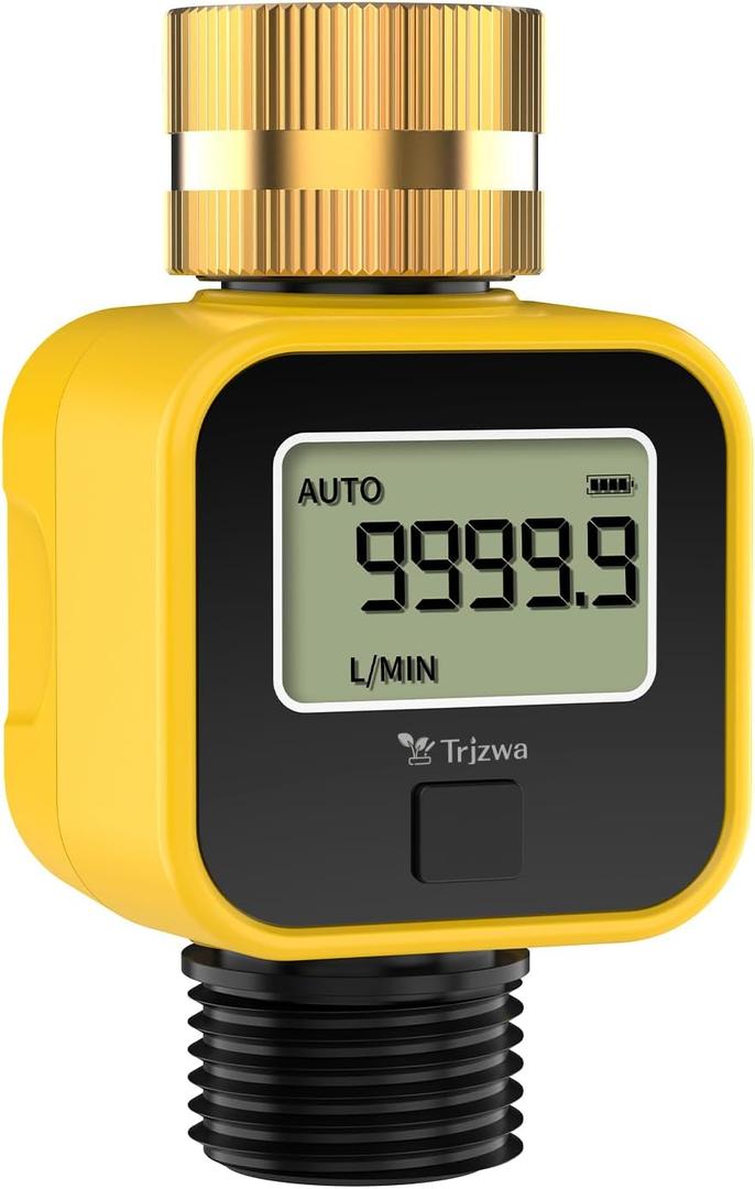 Water Flow Meter with Brass Inlet Metal Thread 3/4 Inch, TRJZWA Measure Gallon/Liter Consumption and Flow Rate for Outdoor Garden Hose Watering RV Water Tank Filling Lawn Sprinkler and Nozzle Sprayer
