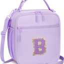 Initial Insulated Lunch Bag for Girls Kids, Back to School Gift, Reusable Leak-proof Lunch Box with Adjustable Strap for School Daycare Travel Picnic (Purple,B)