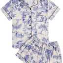 Floerns Women's Floral Pajamas Notch Collar Print Sleepwear Two Piece Pajama Set, Large