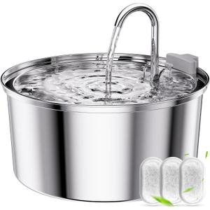 Tomxcute Cat Water Fountain, 3.2L/108oz Automatic Stainless Steel Pet Fountain Dog Water Dispenser, Ultra-Quiet Pump and 3 Replacement Filters & for Cats, Dogs, Multiple Pets