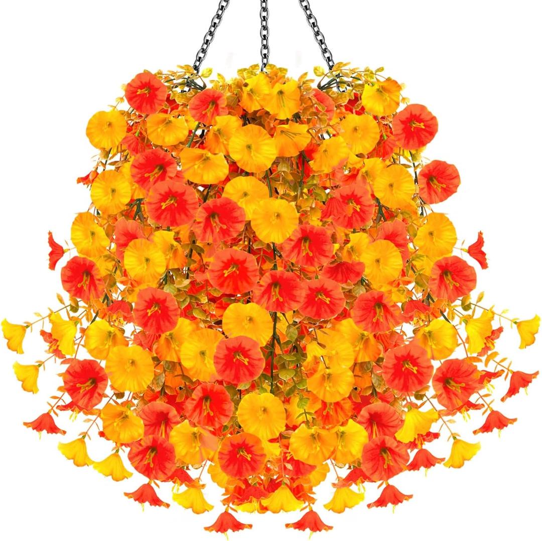 2PCS Artificial Hanging Flowers Outdoors Fake mums Plants Garden Home Decoration Fall Decor Morning Glory for Outside Planter Front Porch Patio Indoor Home Wedding Garden Porch Window Decoration