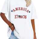 4th of July Shirts Women Embroidered 1776 American Flag Shirt 2026 Patriotic Shirts Oversized Short Sleeve Tee Tops (White, XL)