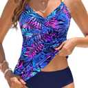 Women's Tankini Swimsuits - Two Piece Swimsuit Tummy Control Bathing Suit 2025 Twist V Neck Swimwear (X-Large, Blue Purple Leaves)