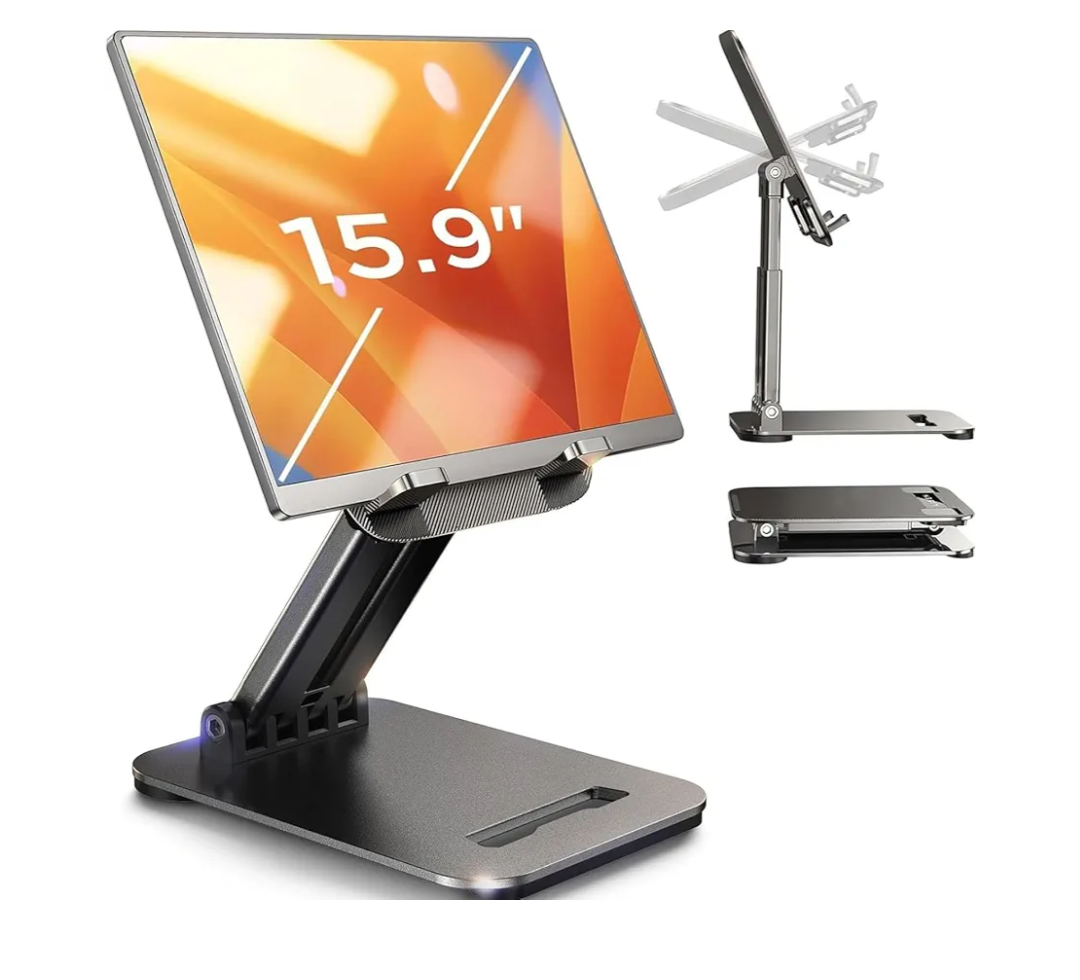 LISEN Tablet Stand for iPad Stand Holder Desk, Foldable Home Office Desk Accessories Travel for iPad Holder Dorm College Essentials Portable Monitor Stand Fits Tabs Kindle iPhone 4-15.9" Black