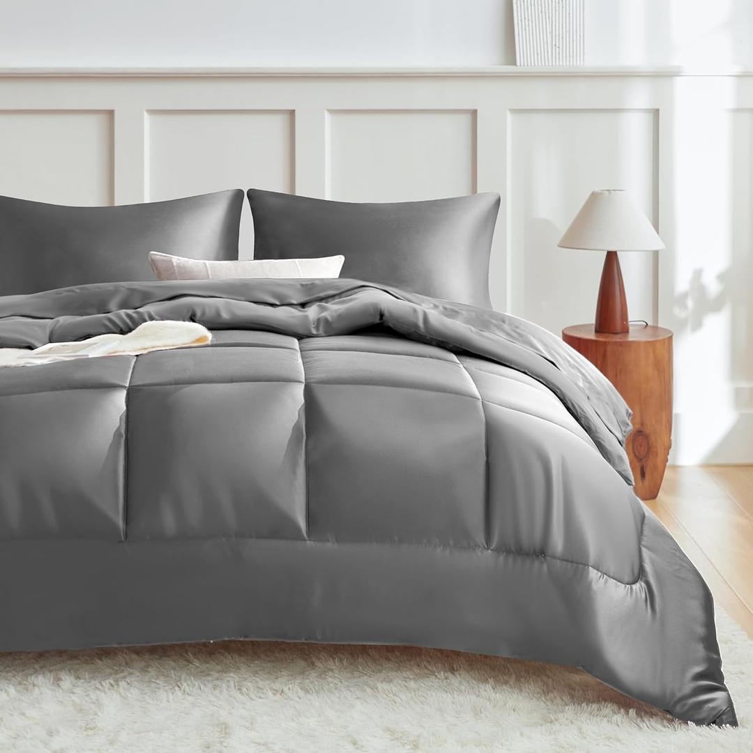 MR&HM Full Size Comforter Set Dark Grey, Reversible Satin Microfiber Comforter Set for All Seasons, 3 Pieces Non-Slip Silky Soft Bedding Sets with 1 Comforter (82"x86") and 2 Pillowcases (20"x26")