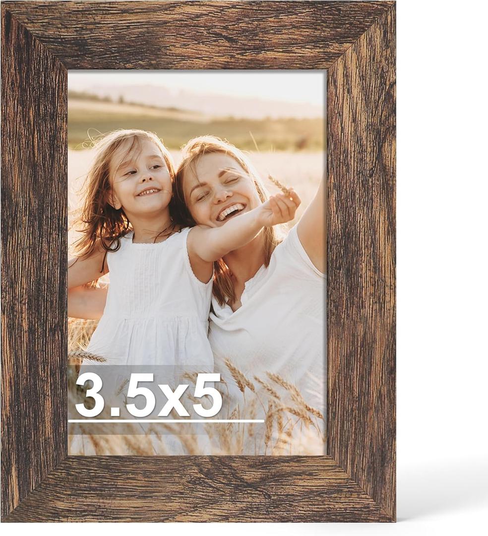 3.5x5 Picture Frame, Made of Real Glass and Wooden Frame, Horizontal and Vertical Display for Wall or Tabletop (Rustic Brown, 1 Pack)