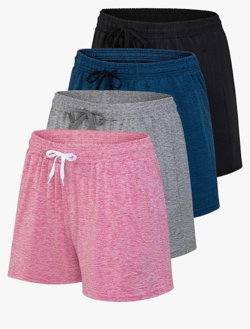 Real Essentials 4 Pack: Womens Athletic Dry-Fit Lounge Shorts with Zipper Pockets, Medium