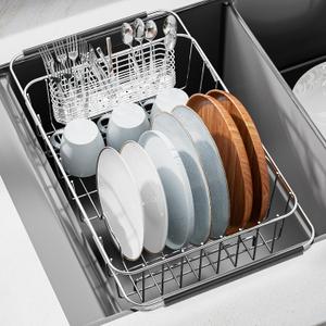 JAQ Over Sink Dish Drying Rack, Expandable 14.96"–22.44" Adjustable Dish Rack for Kitchen Sink, 304 Stainless Steel Dish Drainer with Utensil Holder, Space Saving for Most Standard Kitchen Sinks, 304 Stainless Steel - 11 dishes