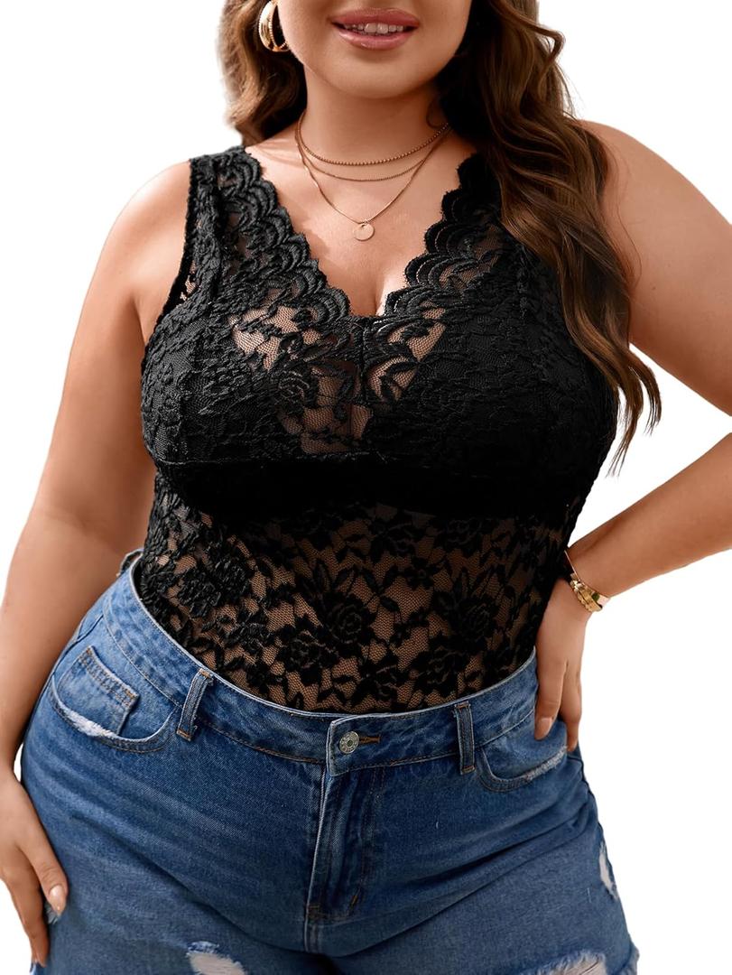 SOLY HUX Women's Plus Size Floral Lace Sheer V Neck Scalloped Trim Sleeveless Tank Tops (4X-Large Plus, Black)