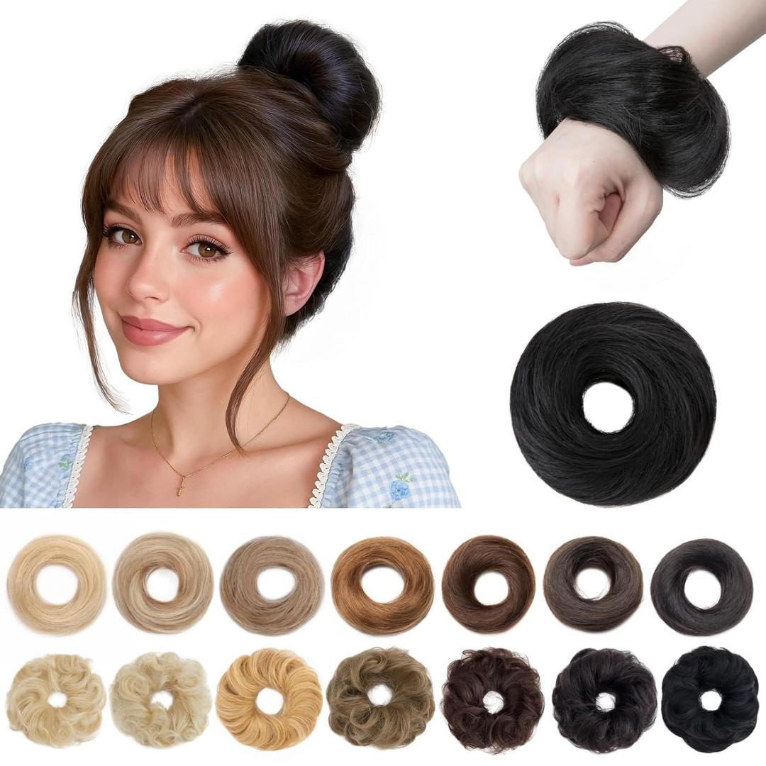 Hair Bun 100% Human Hair Natural Straight Messy Bun Hair Piece with Elastic Scrunchie for Women & Girls- 2 PCS Jet Black