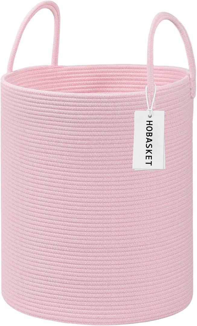 Cotton Rope Laundry Basket Hamper for Girls Kids Baby Nursery Hamper Bin Woven Blanket Basket for Living Room cute baby laundry basket Storage Basket for Nursery Toy Storage Bin&Box(Pink) (60L)
