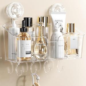 LUXEAR Clear Shower Caddy Suction Cup, No Drilling Removable Shower Shelf, Max Hold 22lbs Suction Bathroom Caddy, One Second Installation Waterproof Suction Shower Organizer for Bathroom Kitchen