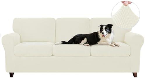 CHUN YI 7 Piece Couch Covers for 3 Cushion Couch, 3 Seater Stretch Sofa Slipcover with Seperate Backrest and Cushion Covers, Anti-Slip Washable Furniture Protector for Dogs Pets (Large, Ivory White)