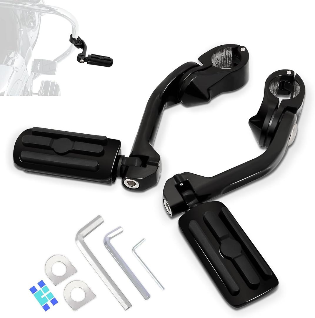 1.25" (32mm) Adjustable Highway Foot Pegs w/Long Extended Angled Mounts for Harley Davidson Touring Street Glide/Road Glide/Electra Glide/Road King Motorcycle w/1-1/4" Crash Bar,BLACK#2