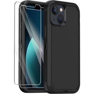 Annymall for iPhone 13 Case with 2 Screen Protector,Shockproof Drop Protection Full Body Heavy Duty 3 Layer Military Rugged Durable Phone Cover for Apple iPhone 13 6.1" (Black)