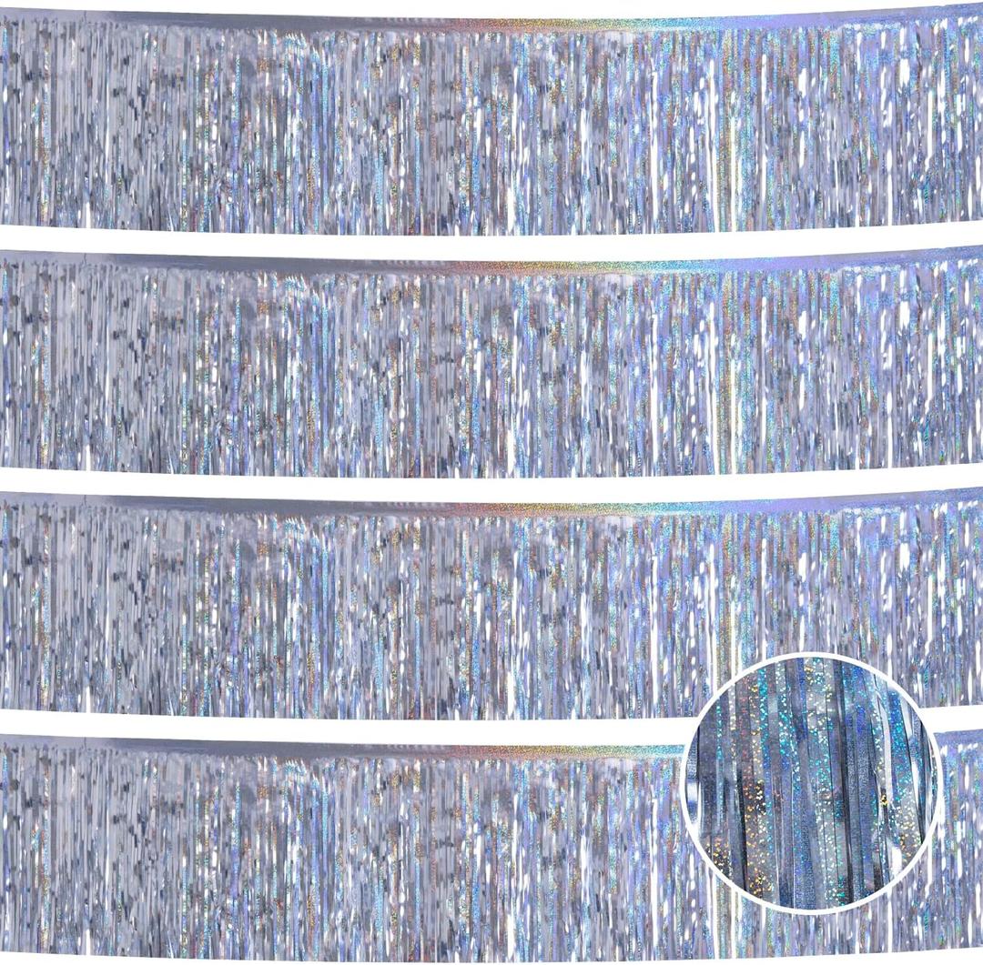 YUKL Laser Silver Birthday Decorations Tinsel Garland Parade Float Decorations for Trailer 4Pack 12FT Christmas Party Decor Ceiling Fringe Banner Silver Backdrop for Streamers Party Decorations