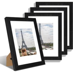 9x12 Picture Frame Set of 4, Made of Glass and Rustic Black Wooden Frame - Display Picture 6x8 with Mat or 9 x 12 Without Mat, 9 by 12 Photo for Wall or Tabletop