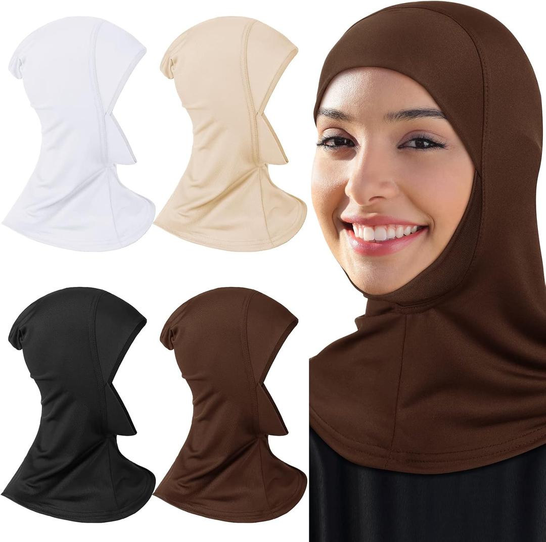 4 Pieces Modal Hijab Cap Adjustable Muslim Stretchy Turban Full Cover Shawl Cap Full Neck Coverage for Lady (Black, White, Dark Brown, Light Red, Beige)