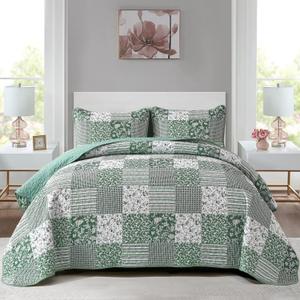 Mybedsoul Sage Green Boho King Quilt Set, 3-Piece Reversible Soft Plaid Floral Bedding Set with 2 Pillow Shams - Sage Green King Size Quilt Bedspread Coverlet Set 90"x104"