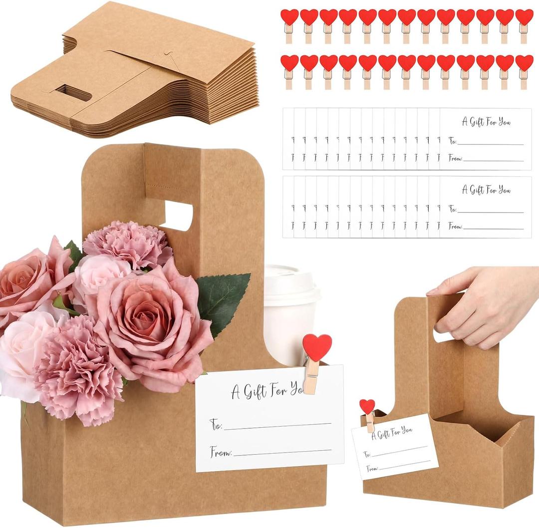 Janlaugh 90 Pcs Kraft Paper Drink Carrier Set, Drink Carrier 2 Cup with Handle, Heart-Shaped Clips and Mini Gift Cards, Foldable Beverage Tray for Valentine's Mother's Day Weddings Parties(Brown)