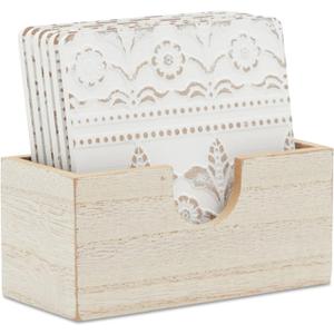 Juvale Set of 6 White Wooden Coasters with Holder for Drinks, Coffee Table, and Floral Farmhouse Decor (3.8 Inches) - Coasters Set