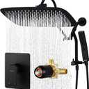 G-Promise 14 Inches Shower Faucet Sets Complete, All Metal Rainfall Shower Head and Handle Set, Extended Downward Diverter, Gooseneck Extension Arm and Pressure Balance Rough-in Valve Included (Matte Black)