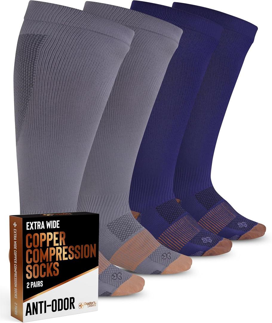 Doctor's Select Copper Plus Size Compression Socks Wide Calf - 2 Pairs | 20-30mmHg Extra Wide Calf Compression Sock Women | Wide Calf Compression Socks Women Plus Size | Copper Compression Sock Plus Size for Traveling & Running | Gray & Navy