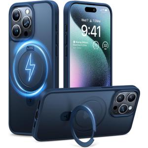 TORRAS UltraMagnetic Ostand for iPhone 15 Pro Case, [Compatible with MagSafe] [Flexible Stable Stand] MilitaryGrade Protection Translucent Slim AntiScratch Ring Kickstand, Navy Blue 6.1"