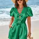 Cicy Bell Womens Cute Rompers Bow Front Puff Sleeve V Neck Short Jumpsuits Sexy Summer Outfits with Pockets (Green, M)