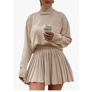 Women's 2 Piece Outfits Turtleneck Long Sleeve Oversized Pullover Sweaters and Pleated Mini Skirt Two Piece Sets, M