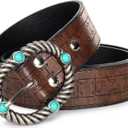 Vintage Western-Cowboy-Belt for Women Men - Carved Buckle PU Leather Waist Belts (for Waist 28"-39") (Brown)