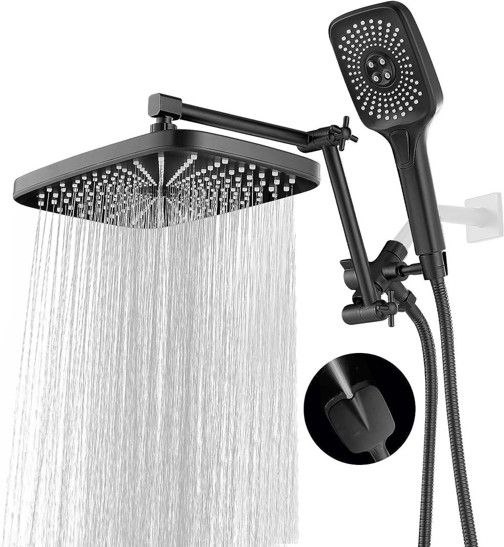 High Pressure Rain Shower Head with Handheld Spray Combo, 12 Inch Rainfall Shower Heads with Adjustable Extention Arm, Wide Dual Waterfall Showerhead with 3-Way Diverter(Matte Black)