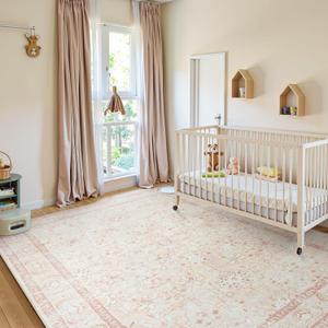 LIVEBOX Washable Living Room Rug 8x10, Soft Boho Pink Area Rug for Bedroom, Non-Slip Vintage Floral Rug, Ultra-Thin Non-Shedding Large Carpet for Dining Room, Nursery, Home Office, Light Pink