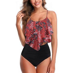 Womens Tankini Swimsuits Ruffled Tank Top Tummy Control Floral Modest Swimwear High Waisted Bikini, S