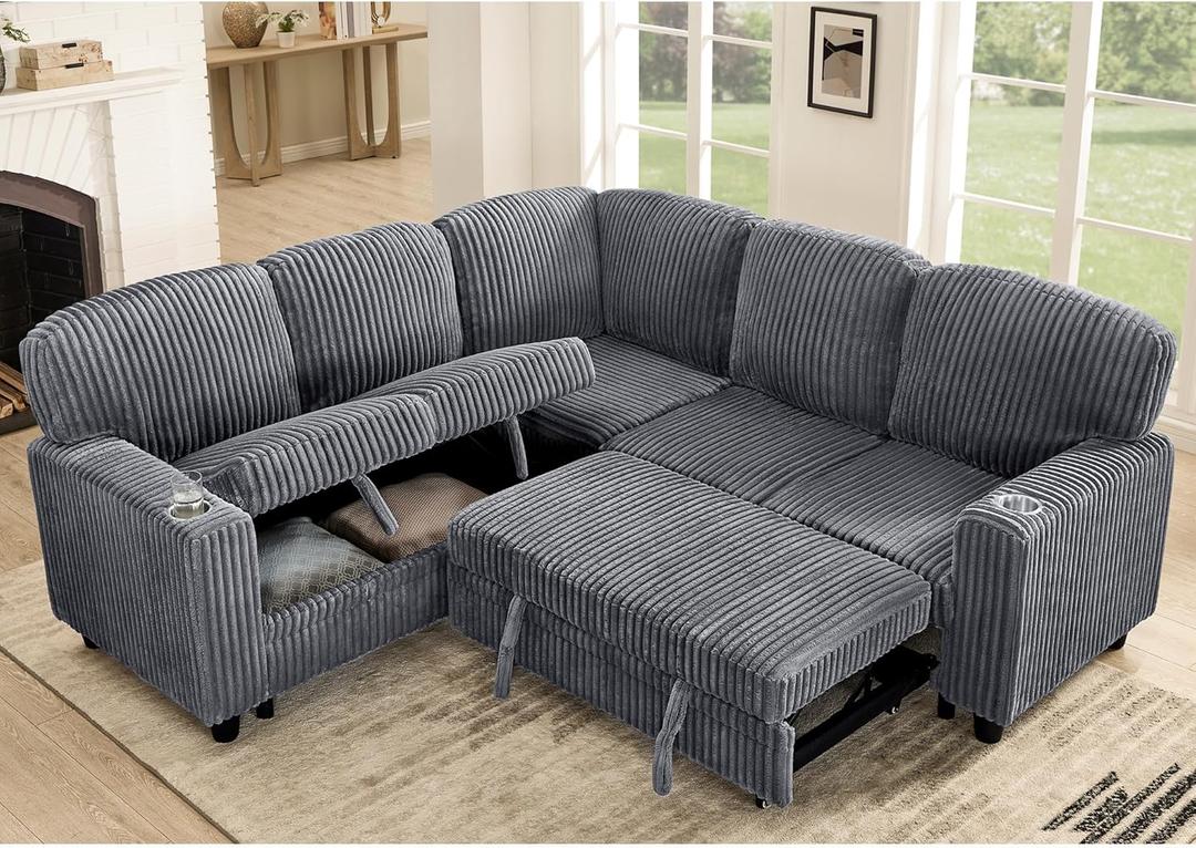Symmetrical L Shaped Sectional Sofa with Pull Out Couch Bed, Plush Corduroy Upholstered Convertible Sleeper Sofa Bed with Storage Seat,USB Ports and Cupholders for Living Room Apartment Corner (Grey 81")