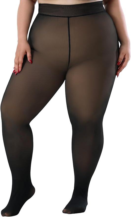 Spring Water Plus Size Fleece Lined Tights Women Thermal Winter Warm Thick Sheer Black Skin Tone Translucent 4XL