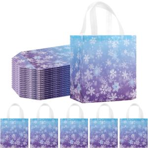 ReliThick 16 Pcs Winter Snowflake Party Gift Bag with Handle Christmas Snowflake Reusable Non Woven Treat Goodie Bag Blue Purple Wonderland Baby Shower Birthday Party Supplies, 9.1x8.7x4.5''